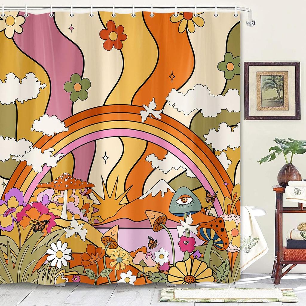 Pink Shower Curtain,Mushrooms Flower Floral Bath Curtain,Retro 70S Hippie Groovy Shower Curtains For Girls Bathroom Decor