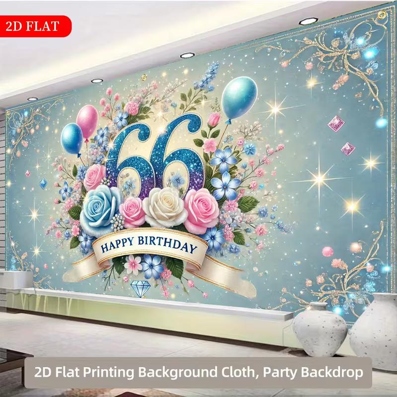 2D Flat Printed 66th Birthday Backdrop, Light Blue Floral & Balloon Garage Door Banner