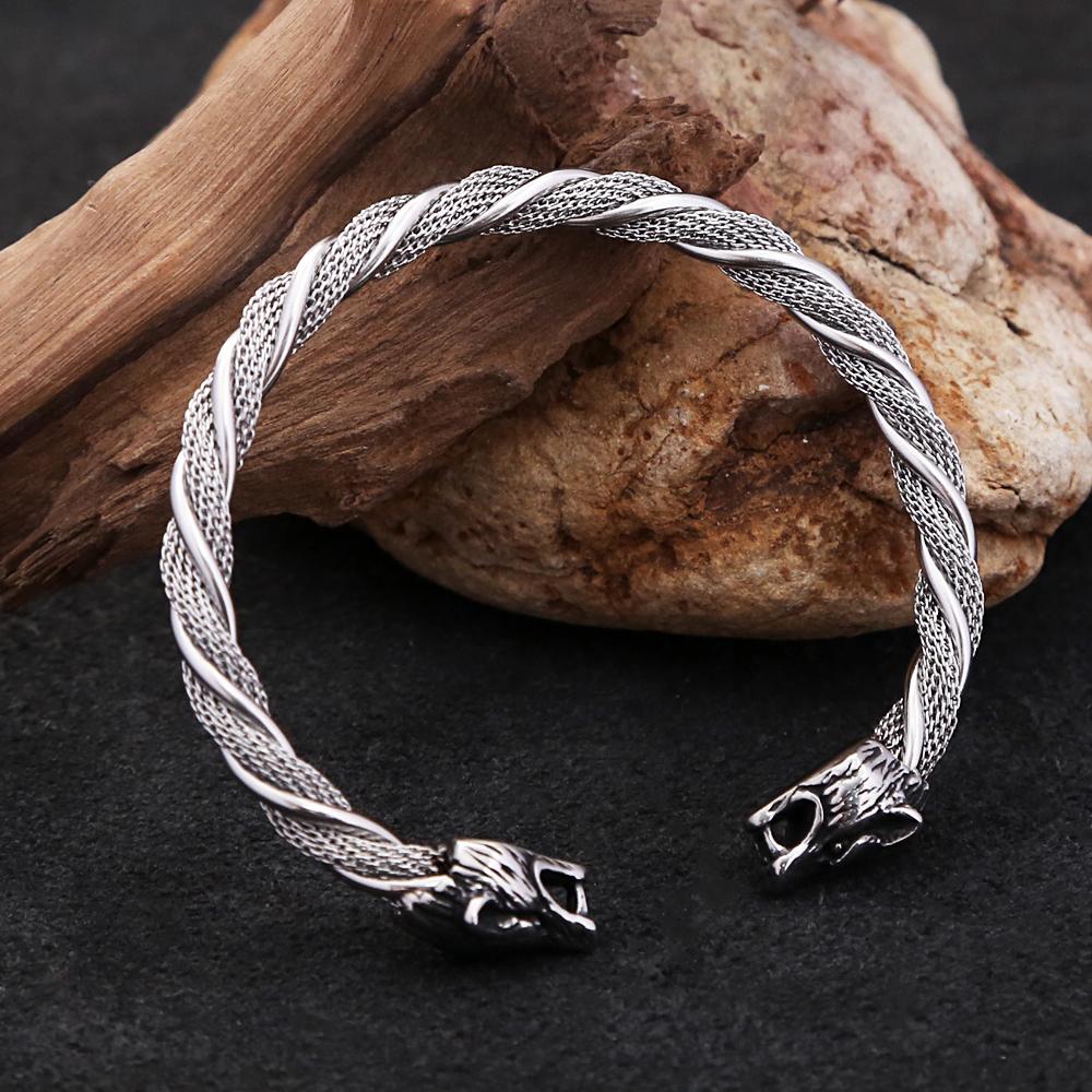 Vintage Viking Wolf Head Bracelet for Men Punk Hip Hop Stainless Steel Open Bracelet Fashion Jewelry Gift