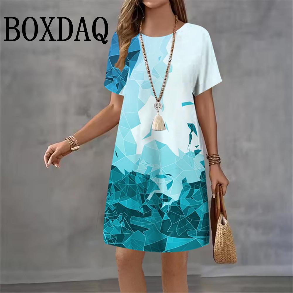 2026 Summer Abstract Dress 3D Print Streetwear Women's Elegant Fashion Loose Short Sleeve Dresses Female Tie Dye Woman Clothing