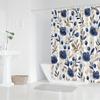 1pc Navy blue floral patterned shower curtain, polyester fabric, machine washable, with hooks, suitable for bathroom décor.