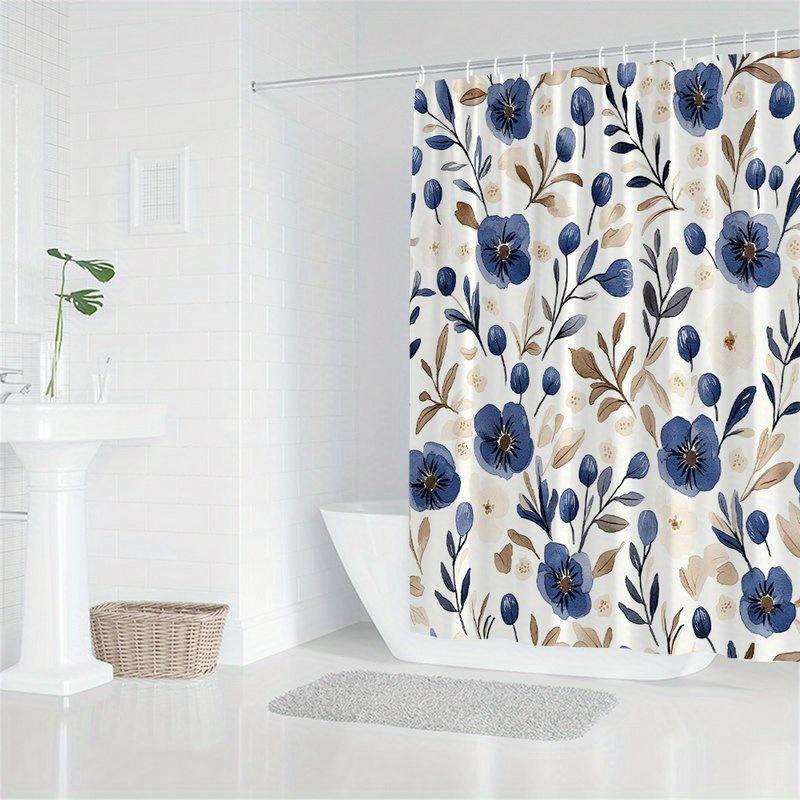 1pc Navy blue floral patterned shower curtain, polyester fabric, machine washable, with hooks, suitable for bathroom décor.