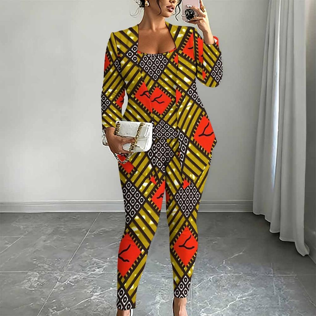 Plus Size Geometric Pattern Print 3 Piece Outfit, Long Sleeve Open Front Cardigan Cami Top Leggings Set for Women