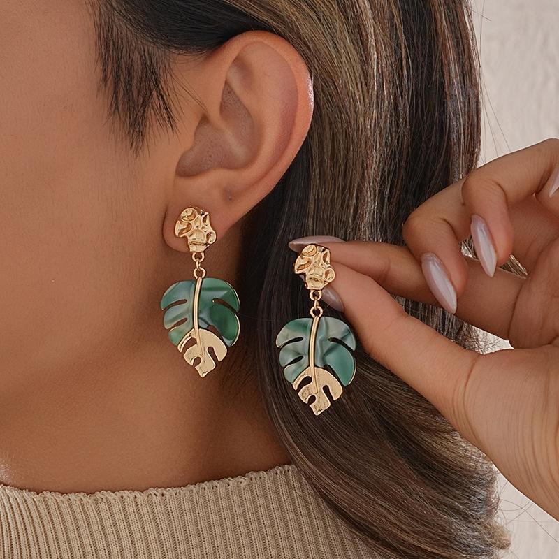 Multi- Acrylic Leaf Earrings for Women Gold Plated Zircon Dangle Earrings Stainless Steel Jewelry Birthday Gifts
