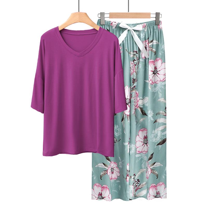 Sommer Damen Pyjama Sets Modal Kurzarm T-Shirts und Weitbein Hosen Heiß Lässig Homewear 2-teiliges Anzug Damen Nachtwäsche