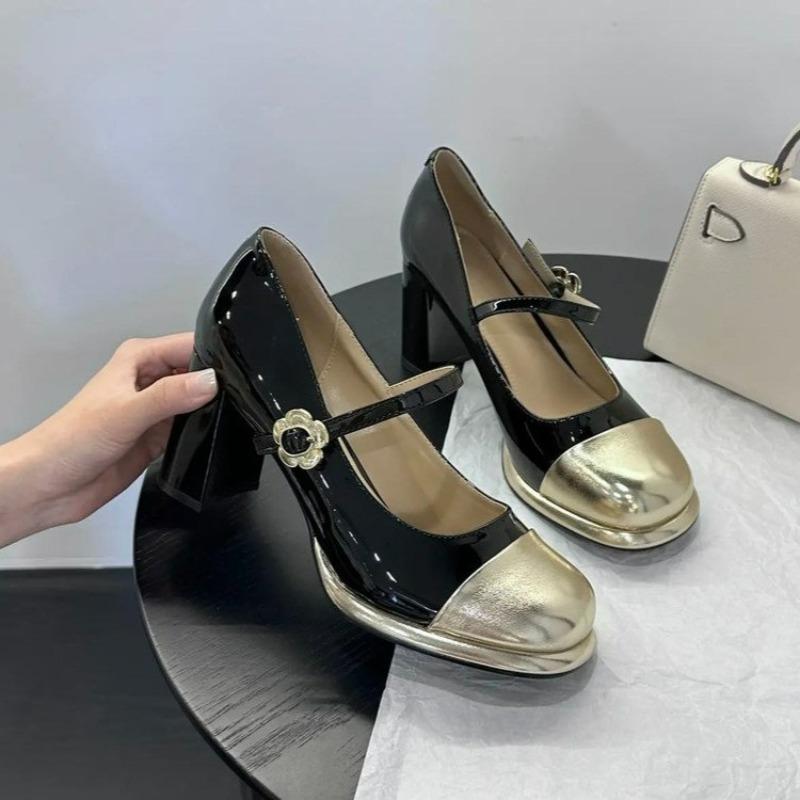 Fashion Summer New Coarse Heel Shoes Women Fashion Round Head Shallow Mouth Splicing Metal Buckle Anti-slip Wear-resistant High Heels