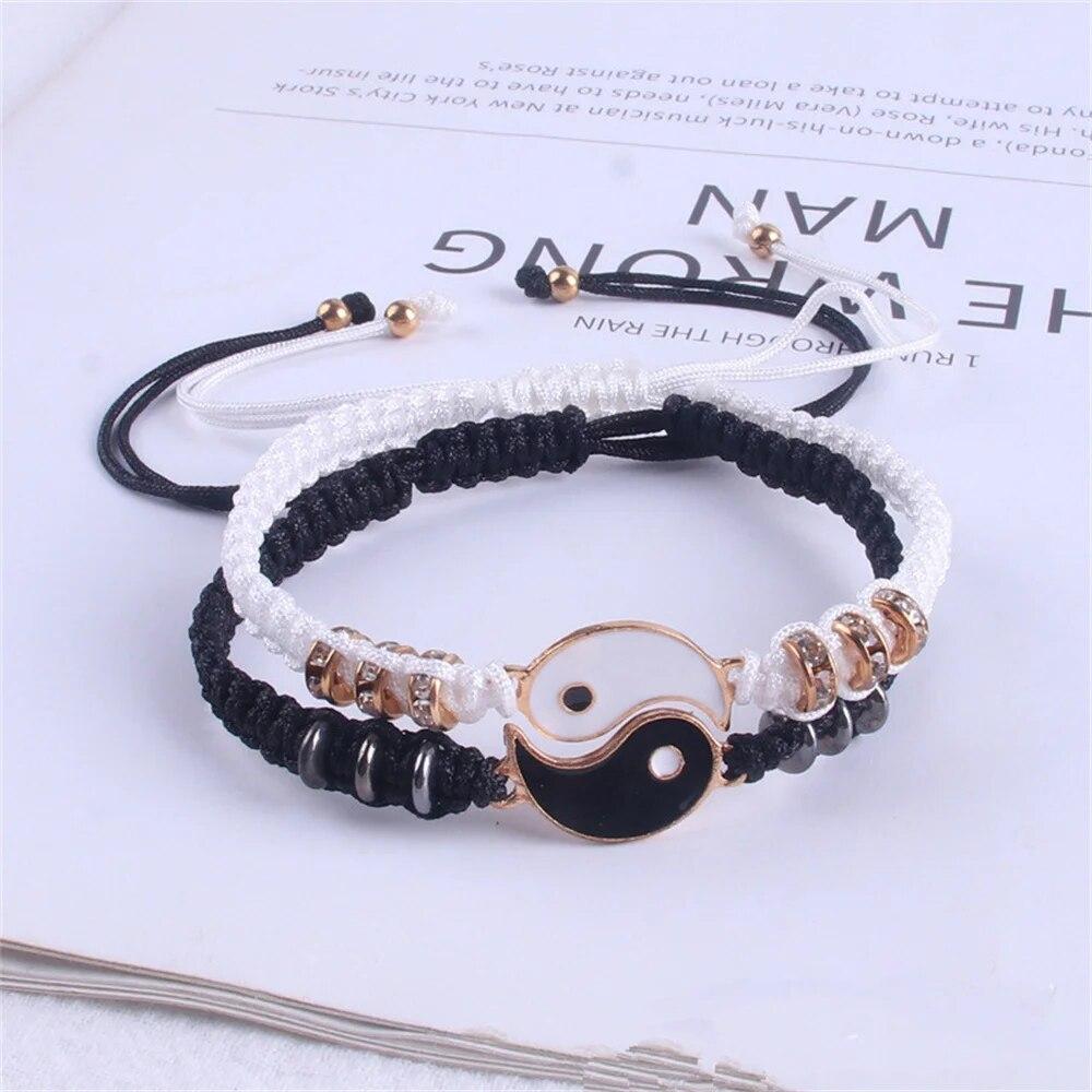 2 PC Jewelry Set Couple Black White Tai Chi Bracelet Rope Adjustable Chain Set Simple Style Daily Wear Jewelry
