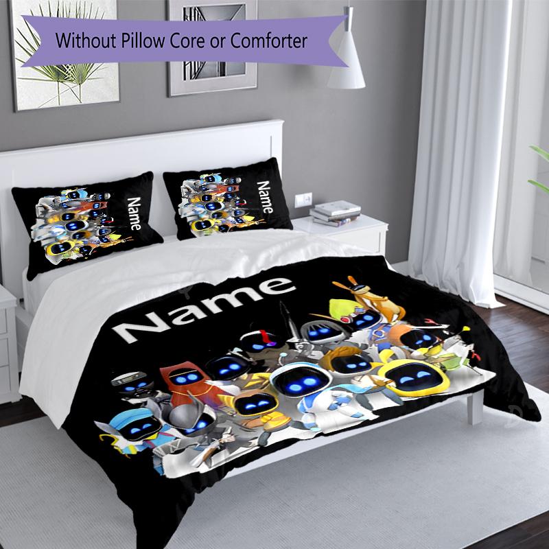 3pcs Custom Name Astro Bot Set,Includes 1 Duvet Cover and 2 Pillowcases,All-season Bedroom Decor