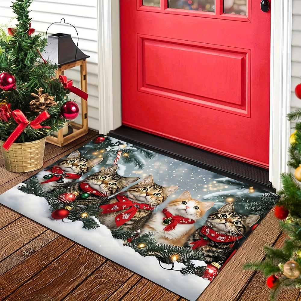 Christmas Doormat with 5 Cats In Red Scarves On Snowy Pine Branches, Festive Pet Lover Holiday Mat, Indoor  Non-Slip Welcome Rug