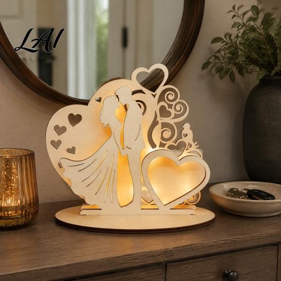 Wooden Ornament for Wedding Couple Ornaments with LED Lights Romantic Statue Heart Handcrafted Light Design Warm Glow Tabletop Night & Bedroom