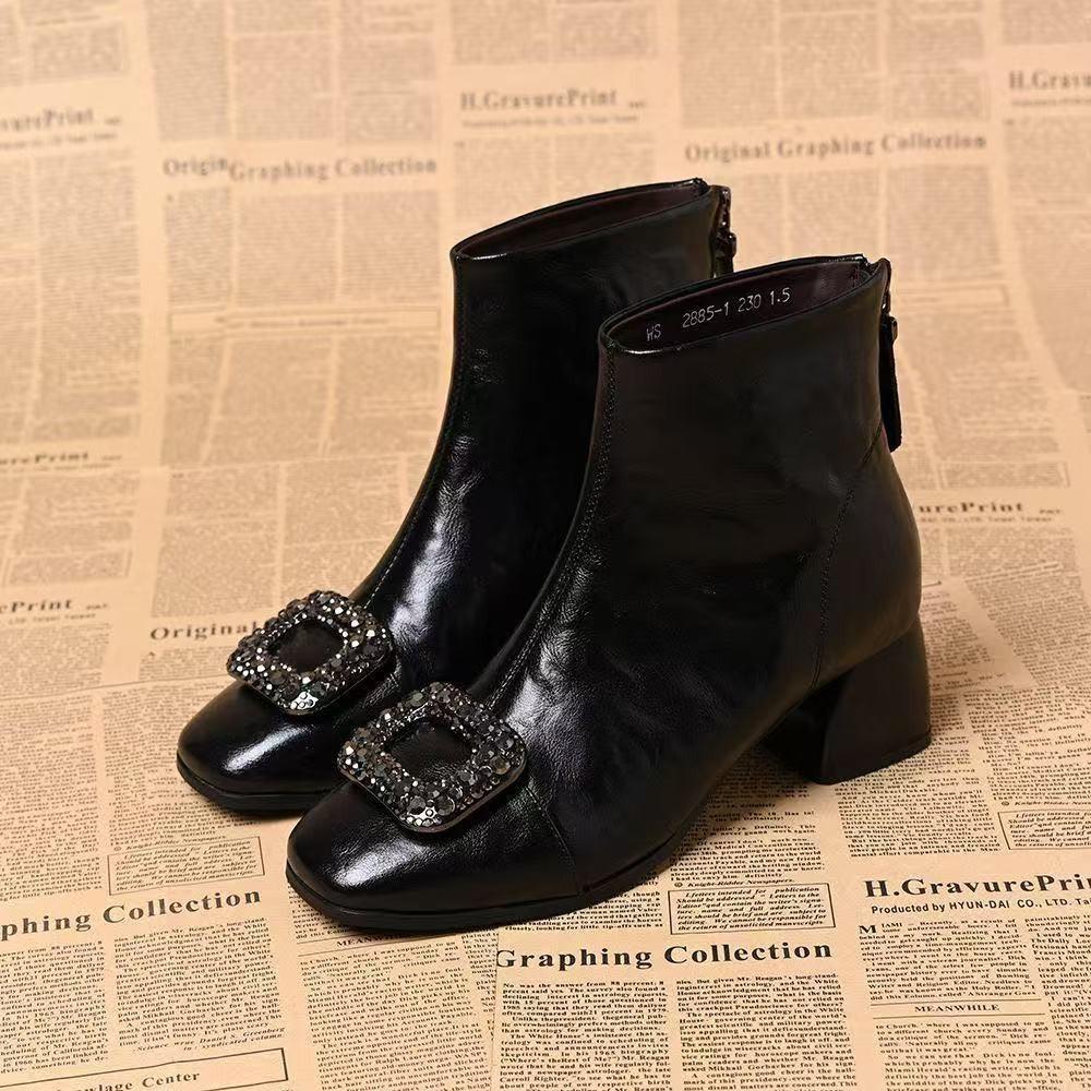 New Style Shoes: Square-toed Ankle Boots, Chunky-heeled Mid-calf Boots, Square-button Low-heeled Women's Shoes
