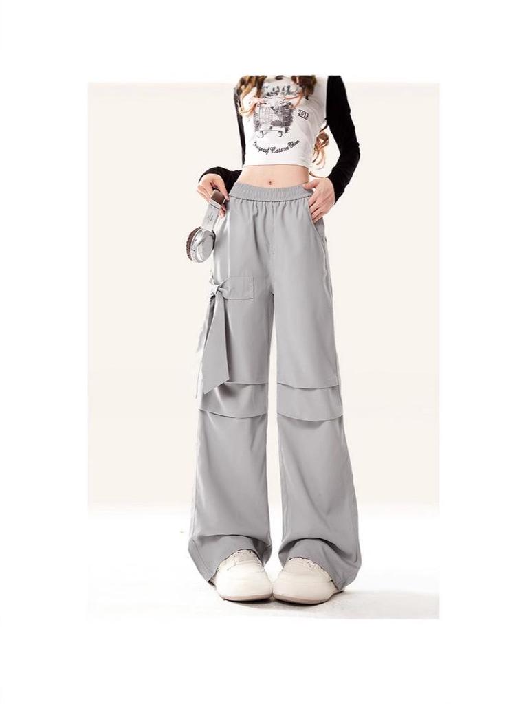 2024 Women's Gray Quick-Drying High-Waist Wide-Leg Cargo Pants