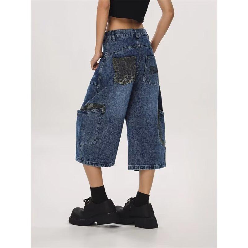 

Leopard print splicing scimitar denim shorts men s and women s loose wide-leg tooling cropped pants S синий