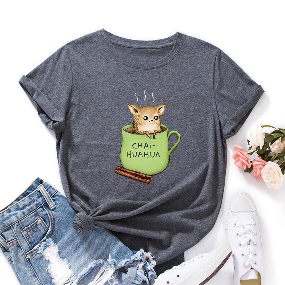 Summer Round Neck Cute Dog and Tea Cup Design Printed T-shirtsFashionable Casual Pure Cotton Short Sleeved Women's T-shirts