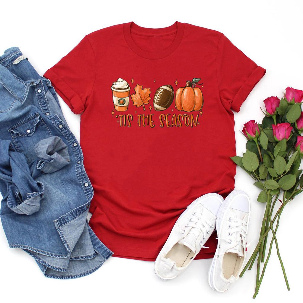 Tis The Season Fall Coffee T-Shirt Coffee Lovers Tshirt Pumpkin Latte Drink Shirts Unisex Thanksgiving Tee Halloween Tops