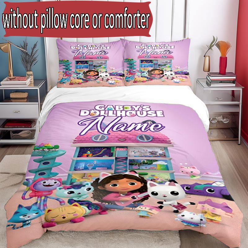 3pcs Duvet Cover Set (1*Duvet Cover + 2*Pillowcase, Without Core), Custom Name Gabby's Dollhouse Pattern Bedding Set, Home Bedroom Decor Gift