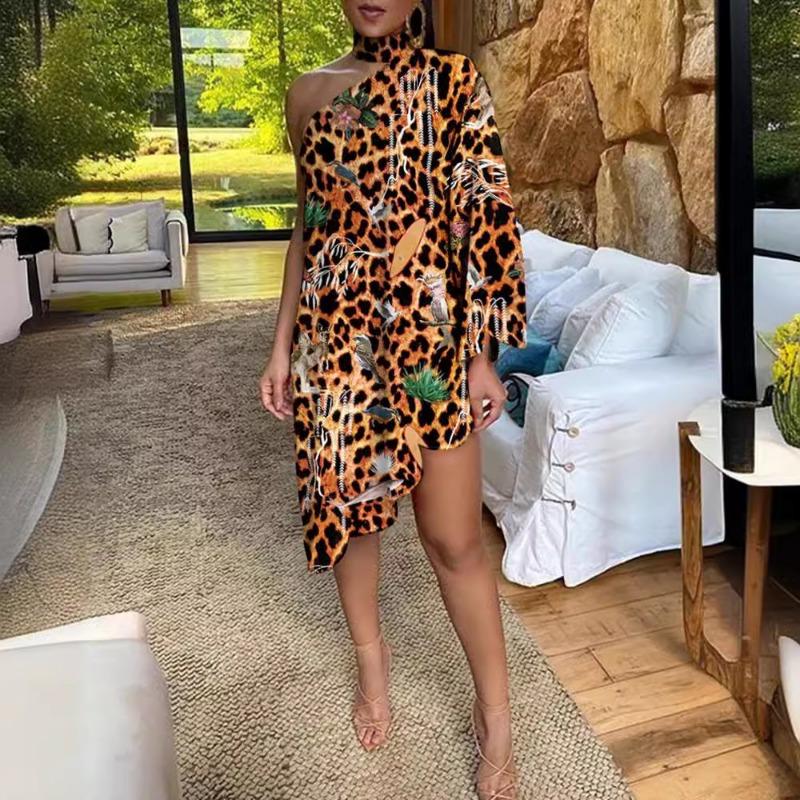 Sexy Ruffled Print One-sleeved Off-the-shoulder Dress