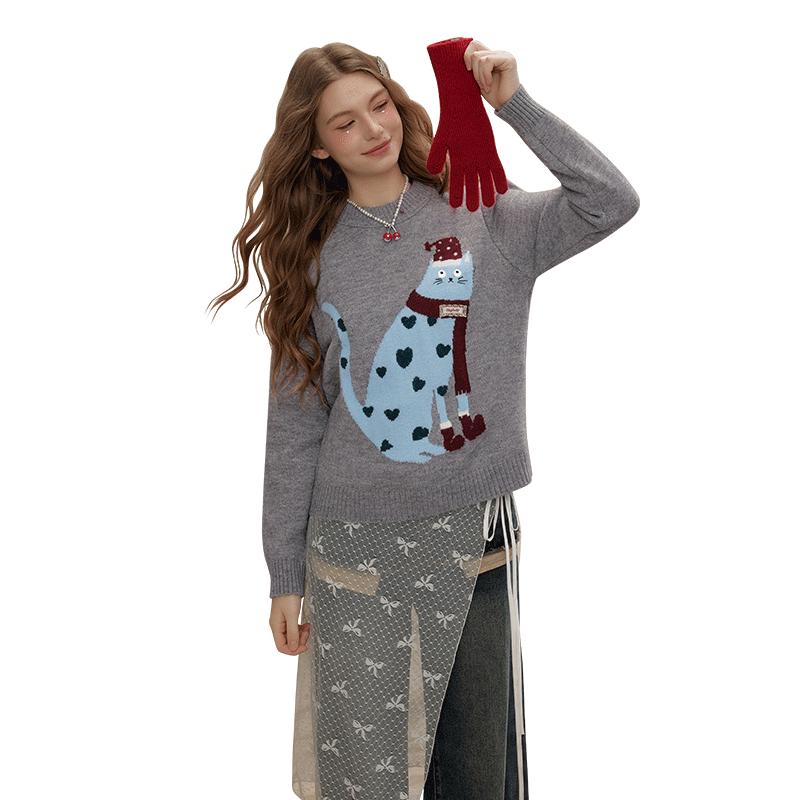 

UNIFREE Kitten Jacquard Round Neck Sweater One Size