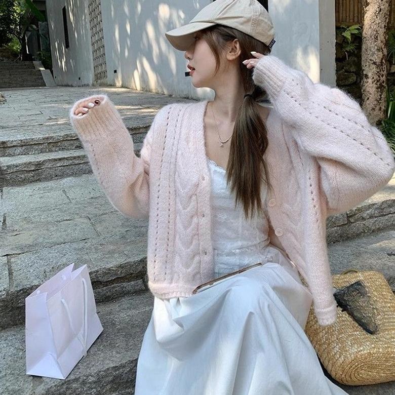 

Харадзюку Женский кардиган с длинным рукавом Корейский однотонный уличный стиль Простые топы Короткие пальто Повседневный свободный Шикарный V-образный вырез Y2k Свитер One Size