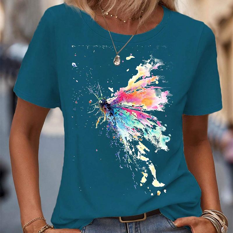 Móda Dámské Kreativní Barevné Pigmentové Tričko s Potiskem Motýla Zábavné Ležérní O-výstřih Krátký Rukáv Letní Dámské Tričko