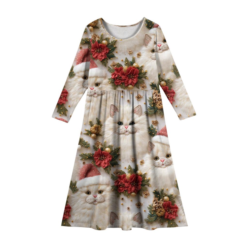 Girls' Maxi Dress - Long Sleeve Pocket Dress Christmas Day