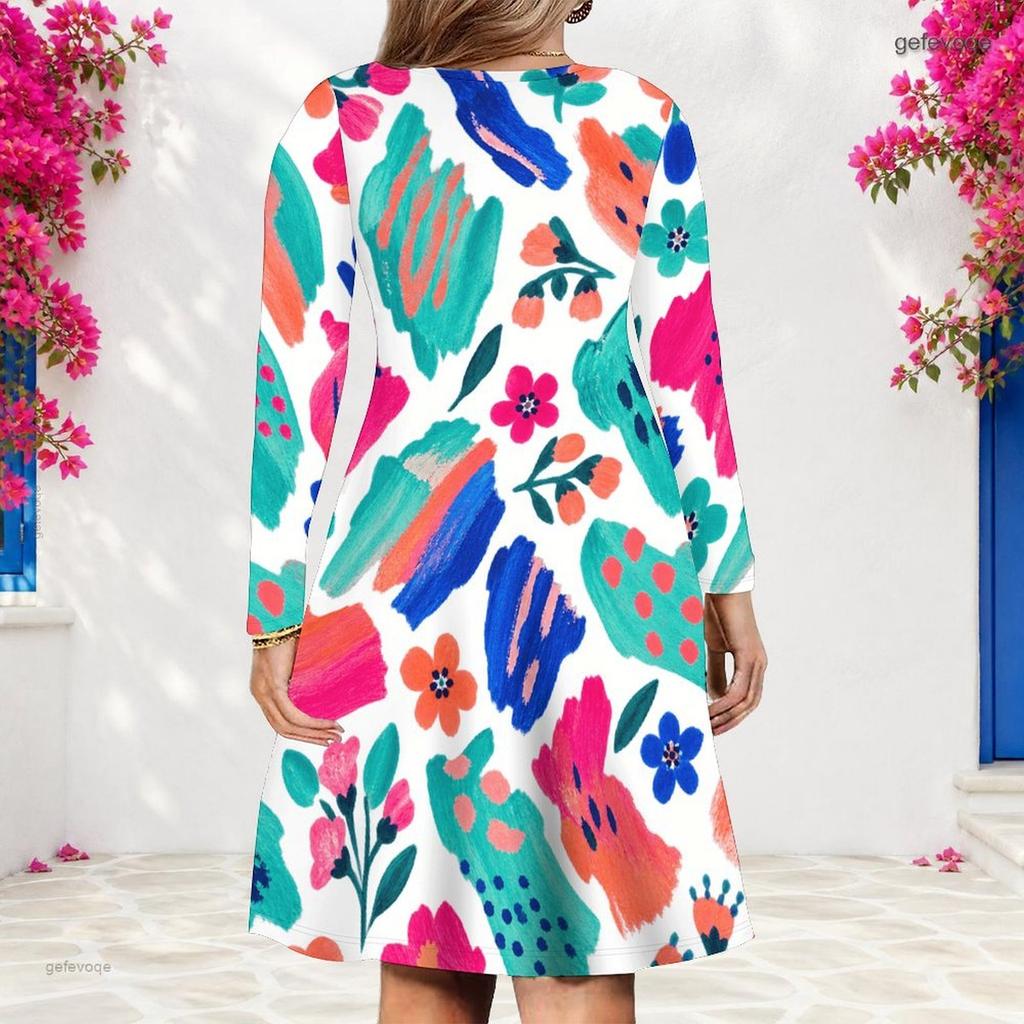 Women Plus Size V Neck Long Sleeve Floral Printed White A Line Dress