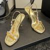 Fashion Luxury Gold Crystal Designer High Heeled Sandals Women Fashion Square Toe Party Wedding Shoes Elegant High Heels Sandalias Mujer