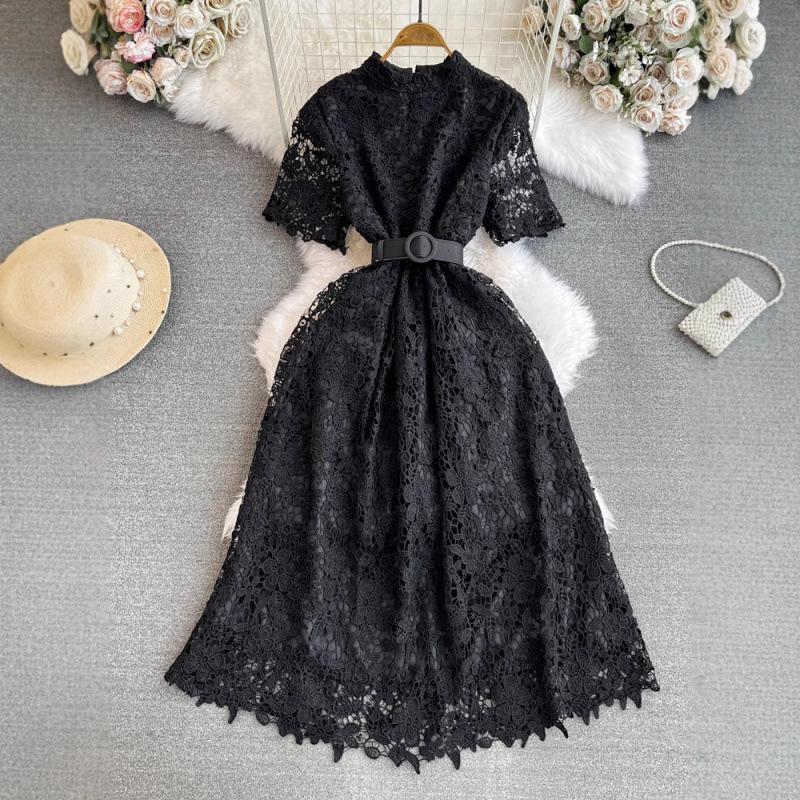 Light Luxury Celebrity Temperament Short Sleeve Stand Collar Waist Thin a Word Hollow Lace Dress Elegant Long Dress