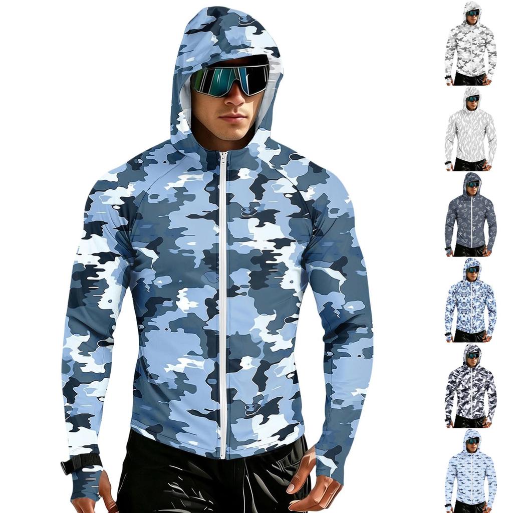Men's Casual Raglan Sleeve Hooded Long Sleeve Sun Protection Jacket Full Zip Lightweight Outdoor Sports Windbreaker