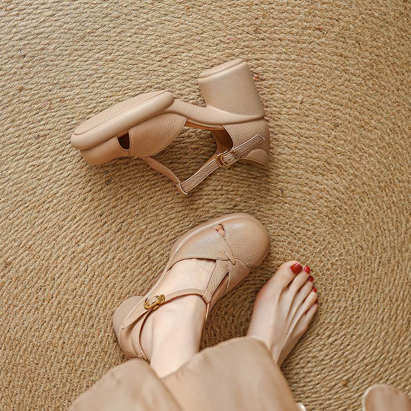 Krazing Pot Sheep Skin Round Toe Size 41 Thick Round High Heels Buckle Straps Hollow Platform Gladiator Autumn Pumps