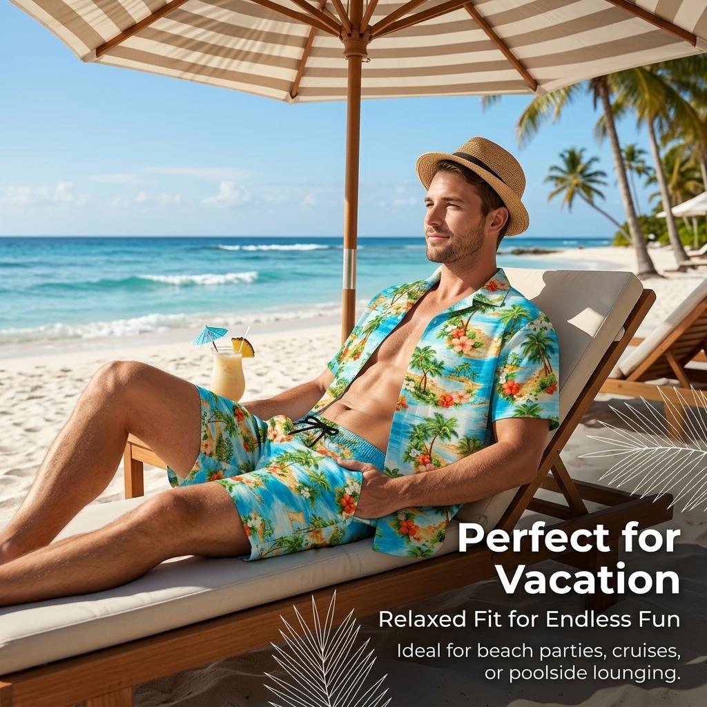 Herren Casual Locker Hemd Set Hawaiianische Küste 3D Digitaldruck Strand Kurzarm