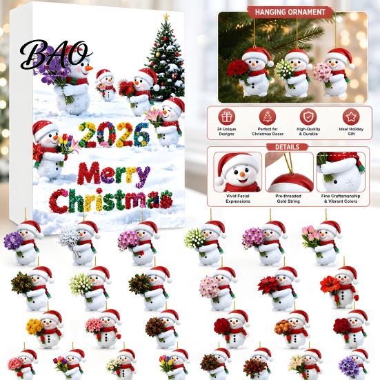 Holiday Gift Ideas Snowman Advent Calendar, 24Pcs Acrylic 2D Hanging Ornament Set Christmas Scene Decoration with Bouquet Flowers, Tree Decor,