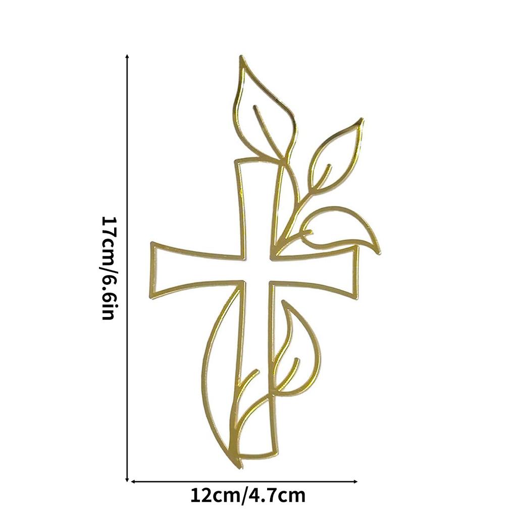 1Pc Gold Acrylic Mirror Iridescent Cake Topper For Wedding Birthday Christmas Party And More - Cross And Leaves