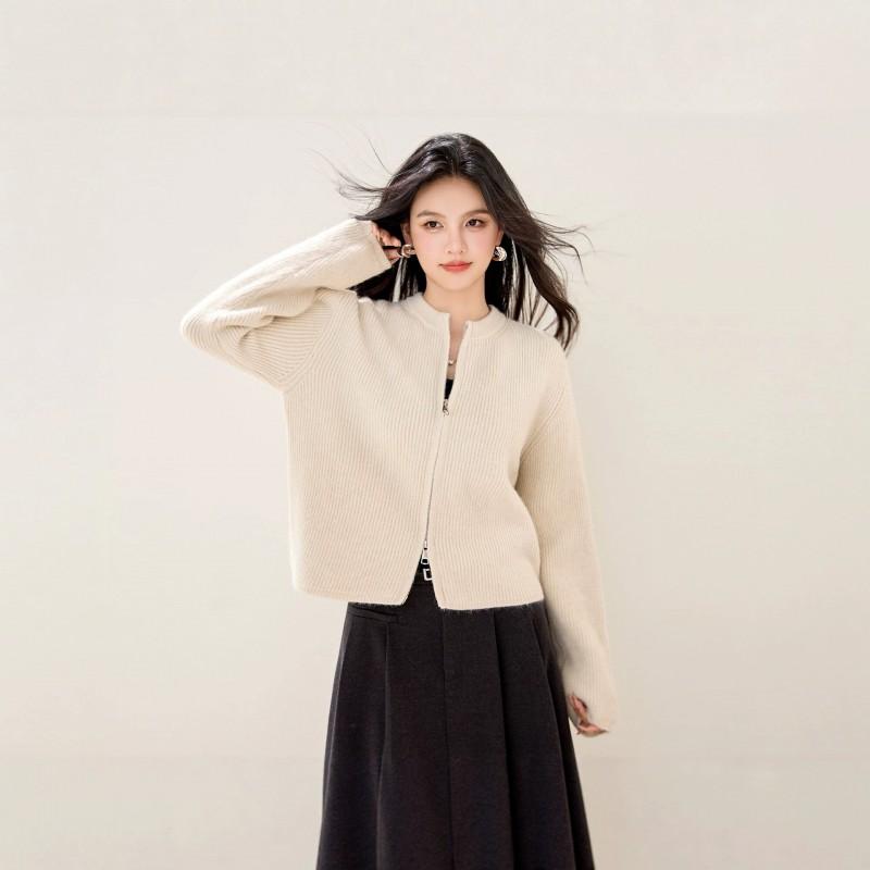 Womens Winter Knit Cardigan Sweater Round Neck Zipper Long Sleeve Short Fit Casual Style