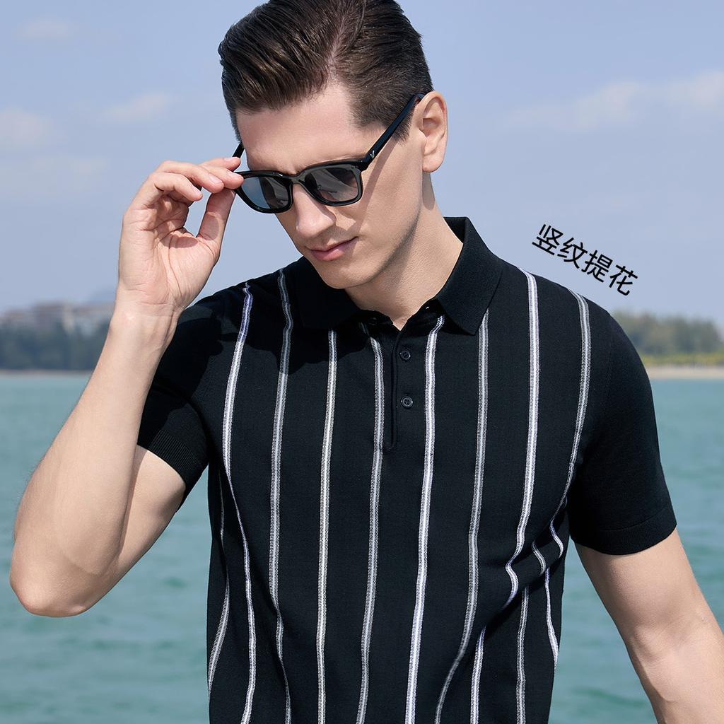 [Mulberry Silk&Cotton Hemp] Color blocked striped knitted short sleeved polo shirt for men, elastic and breathable summer T-shirt