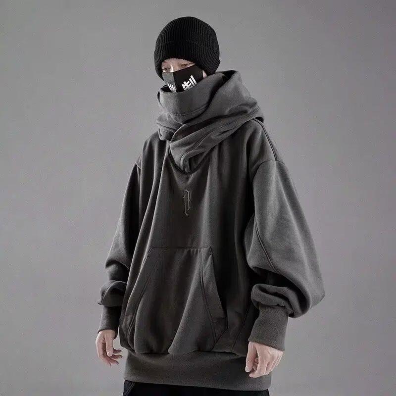 Embroidery Turtleneck Sweatshirt for Men Ninja Hoodies Autumn Hip Hop Fleece Pocket Streetwear Oversized Hoody