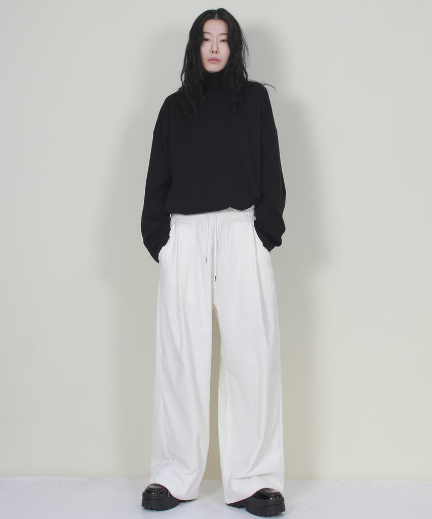 Deumakeu Wide-Fit Corduroy One-Pleat Elastic Pants White