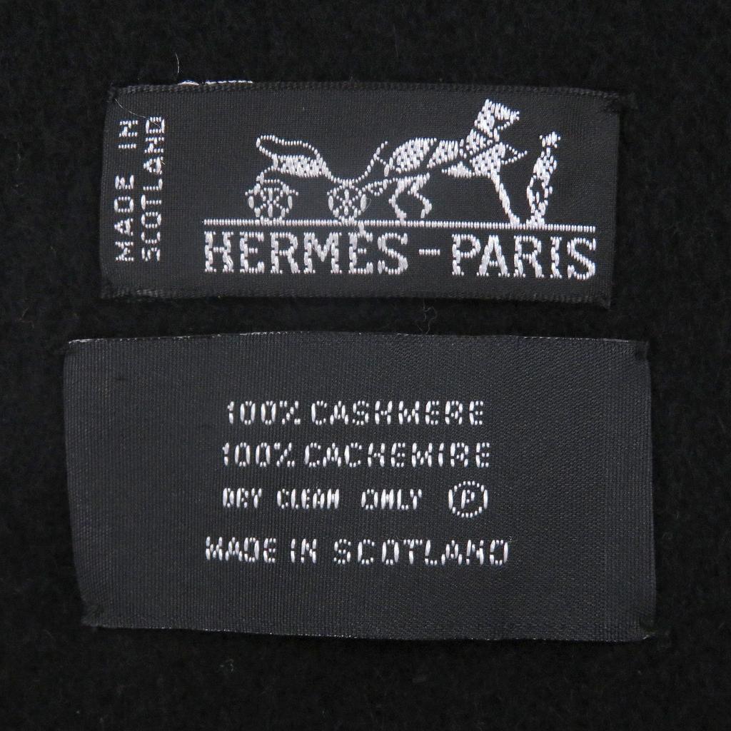 Great HERMES Scarf Logo Embroidery Embroidery Fringe black cashmere Used