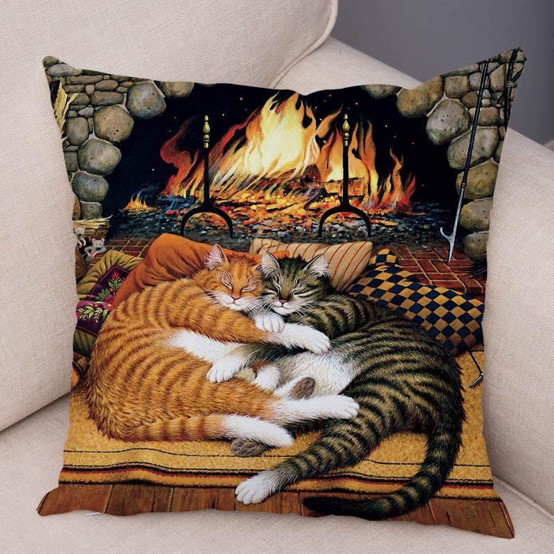 Oil Painting Color Cat Cushion Cover Pillowcase Home Decor Cartoon Animal Sofa Pillowcase Pillowcase Aesthetics