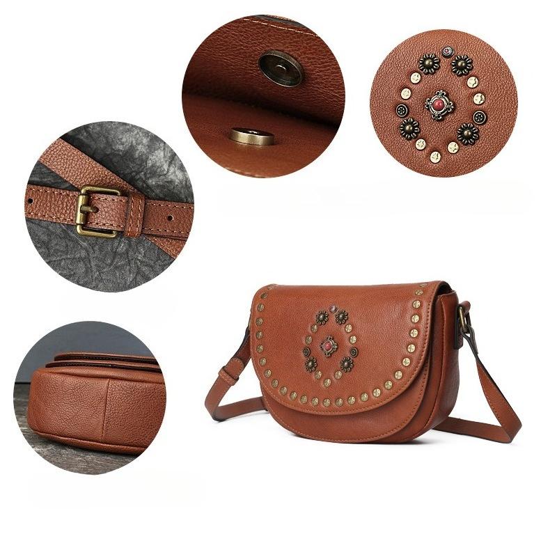 Genuine Leather Saddle Bag, Retro Riveted Handcrafted Gemstone Crossbody Bag, Single-shoulder Women's Bag