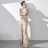 European and American champagne evening dress women's   new sequined banquet temperament sexy suspender host fishtail skirt