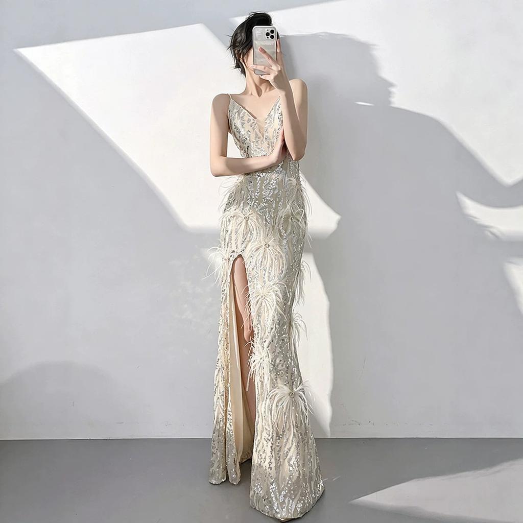 European and American champagne evening dress women's   new sequined banquet temperament sexy suspender host fishtail skirt