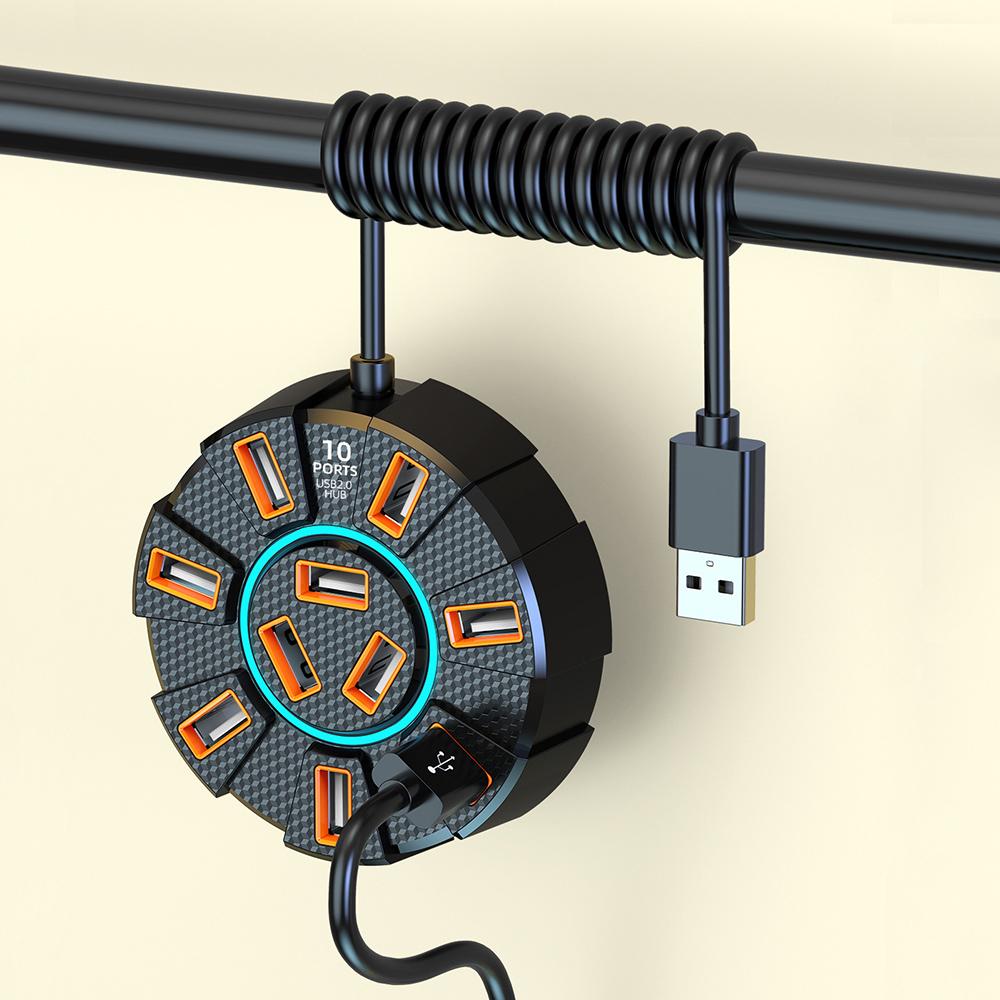 1.2m 10 Ports HUB 7 Colors RGB Backlight USB2.0 Cable Splitter 1 in 10 out Mouse Keyobard Printer Extend Adapter Dock