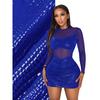 Burgundy Mesh Sheer Panel Mini Dress Long Sleeve Shiny Glitter Ruched Bodycon Sexy Transparent Tulle Patchwork Nightclub Evening Party Short Gown