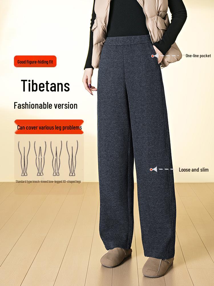Women's Winter Thickened Velvet Wide-Leg Wool Pants - High Waist Slimming Casual Straight Leg Design.