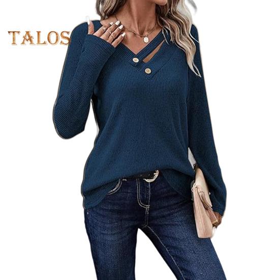 Topuri Dama Decolteu în V Mânecă Lungă Tricot Reiat Top cu Nasturi Decor Culoare Solidă Croială Lejeră Elastic Cămașă de Toamnă Ținută Casual de Birou