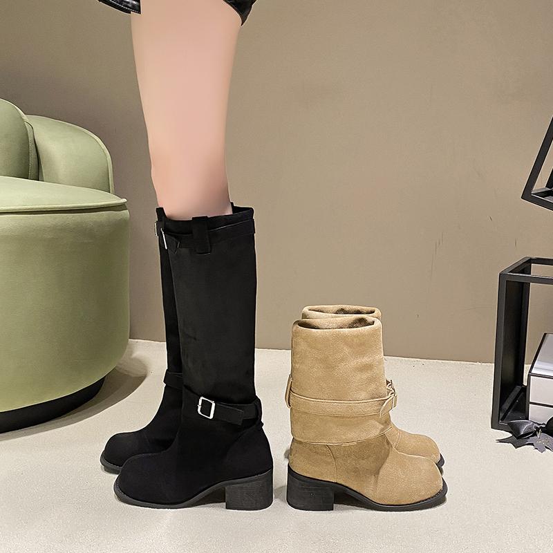 Belt Buckle Pleated Stacked Boots Women New Retro Chunky Heel Thick Bottom Mid-calf Boots Street Fashion Western Cowboy Botas