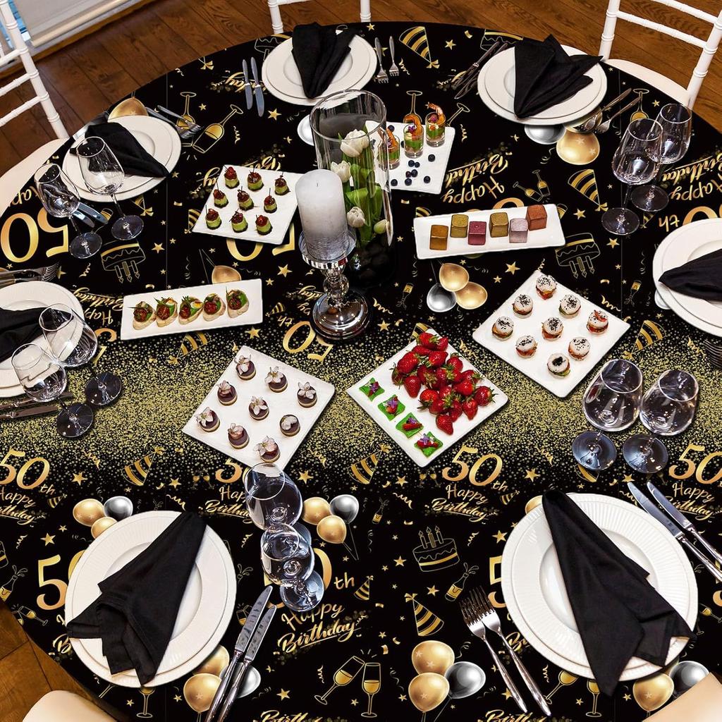Oudain 3 Pack 50th/70th/80th Round Birthday Tablecloth Black and Gold Happy Birthday Party Decorations 84 inch Disposable Plastic Table Cover