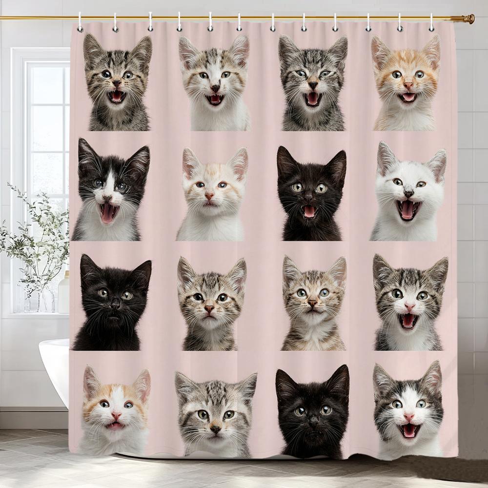Cute Cat Shower Curtain for Bathroom Decor, Funny Bathroom Curtain , Cat Cute Cartoon Waterproof Fabric Home Curtain With Hooks