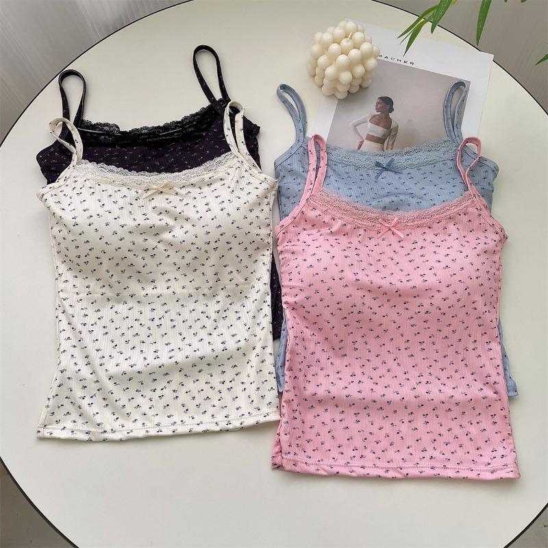 Summer Print Crop Tops for Women Bow Lace Camisole Sexy Backless Vest with Padded Basic Tank Top Style Y2K Streetwear